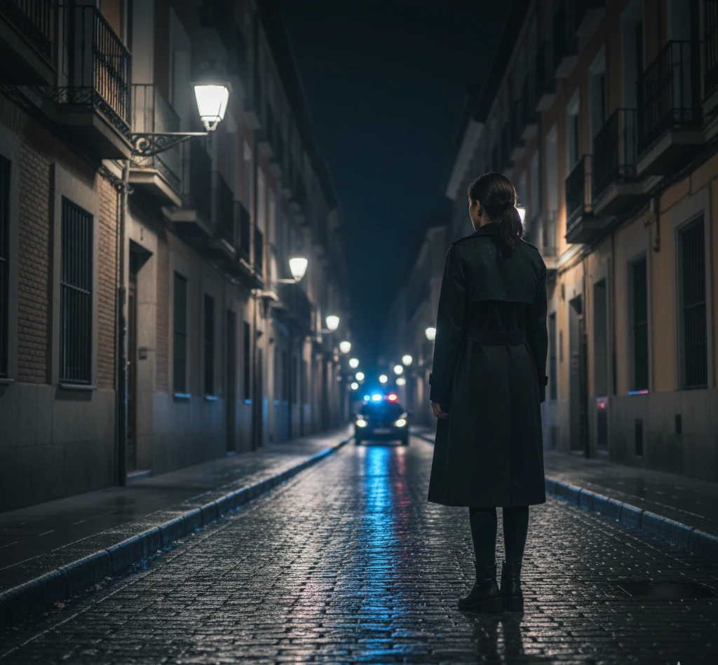 Ambientación de La novia gitana de Carmen Mola: una calle nocturna y lluviosa en Madrid, iluminada por farolas que proyectan sombras alargadas, con un coche policial al fondo y una mujer con gabardina observando la escena, transmitiendo tensión, misterio y soledad.