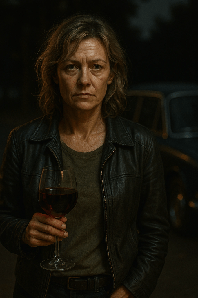 Retrato conceptual de Elena Blanco, protagonista de La novia gitana de Carmen Mola. Mujer de unos 40 años, con cabello rubio revuelto y rostro marcado por el dolor y la determinación. Sostiene una copa de vino mientras viste chaqueta de cuero, con un coche clásico al fondo. Imagen realista que refleja la fuerza interior y la complejidad psicológica del personaje en este thriller policial español.