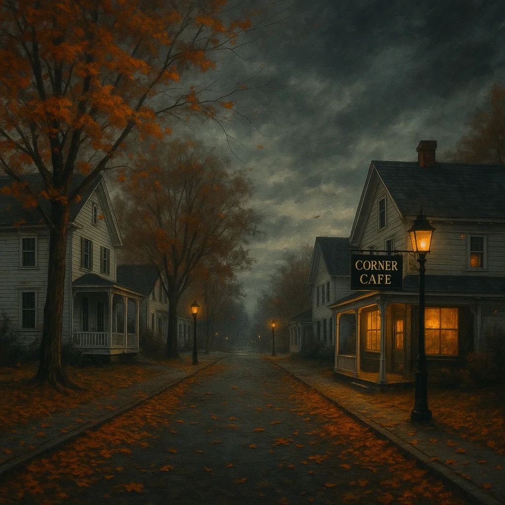 Ilustración realista del pueblo ficticio Aurora en Nueva Inglaterra, escenario de La verdad sobre el caso Harry Quebert. Calles tranquilas en otoño con casas de madera blanca, árboles con hojas rojizas y un café local iluminado al atardecer, transmitiendo misterio y suspense.