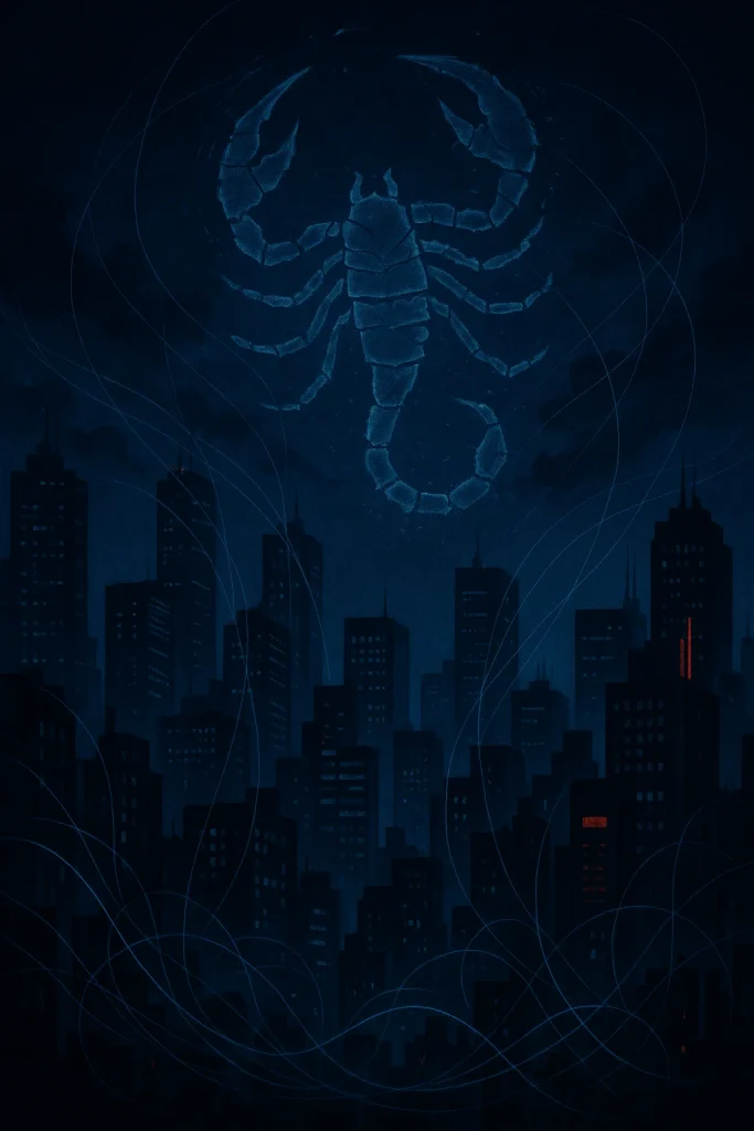Imagen surrealista de una ciudad moderna iluminada por neones en tonos azules oscuros, con rascacielos que transmiten un ambiente de thriller conspirativo. Sobre los edificios aparece un gran escorpión etéreo y fragmentado en el cielo nocturno, símbolo de manipulación psicológica y misterio urbano en Los Escorpiones de Sara Barquinero