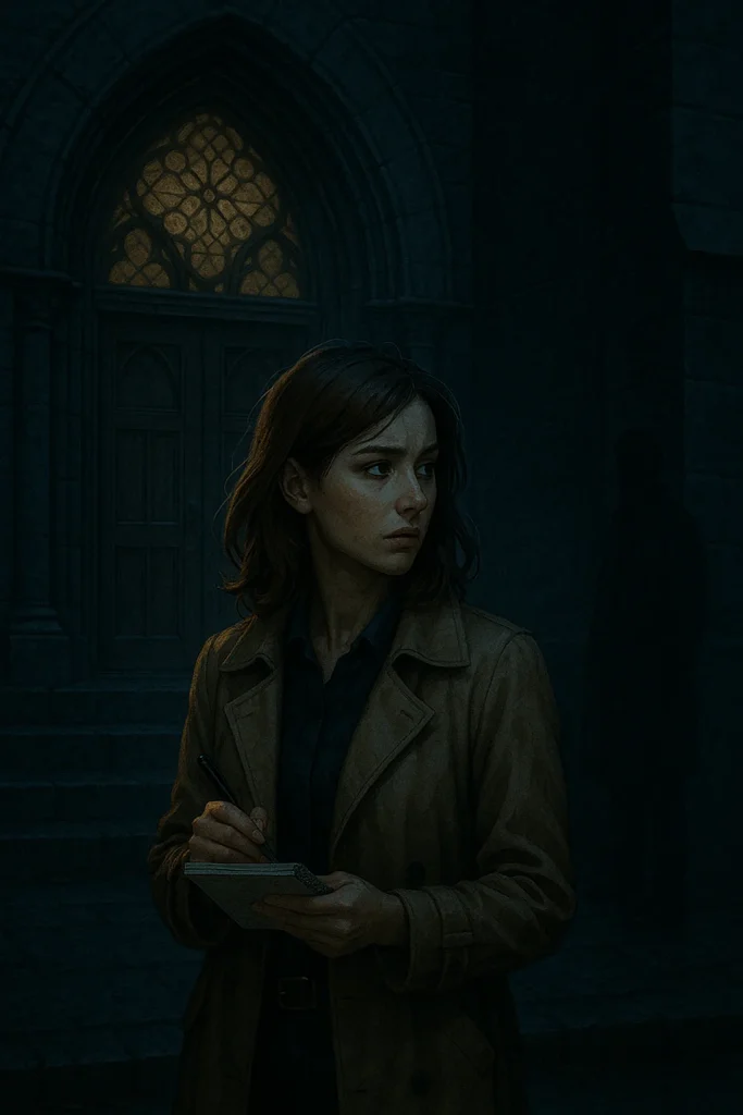 Escena inspirada en El juego del alma de Javier Castillo: periodista joven con bloc de notas frente a una iglesia gótica cerrada, observada por una figura en la penumbra, en un ambiente de thriller psicológico.