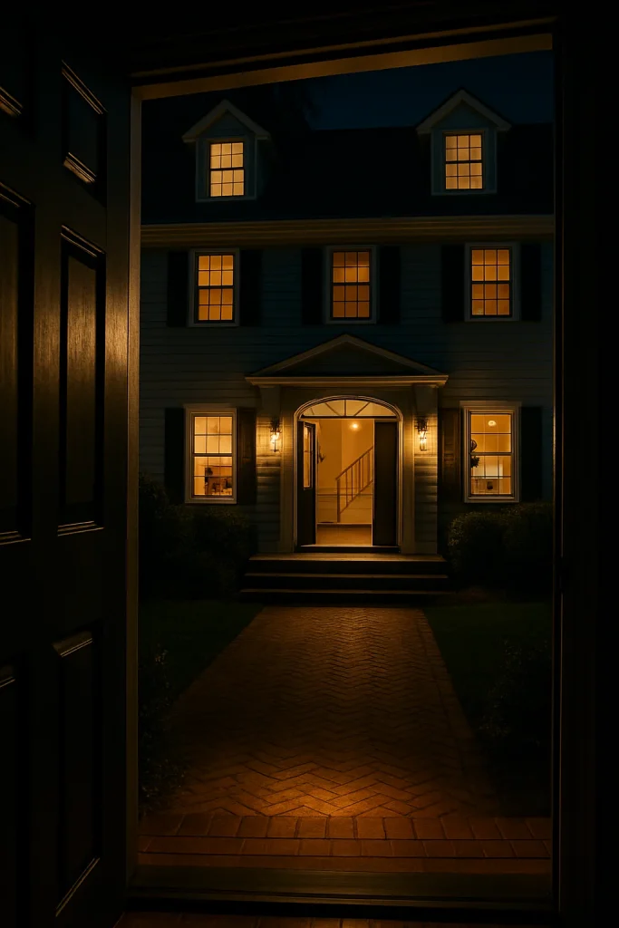 Imagen de la mansión protagonista en “La asistenta” de Freida McFadden, vista desde una puerta entreabierta. La fachada iluminada contrasta con el interior tenue y misterioso, evocando el suspense psicológico y los secretos ocultos en este thriller doméstico.