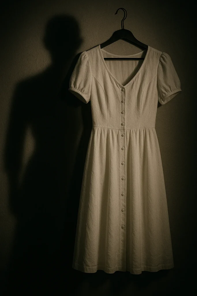 Imagen de un vestido blanco colgado en la novela “La asistenta” de Freida McFadden, iluminado en un fondo oscuro con la sombra amenazante de una silueta detrás. Escena cargada de suspense psicológico y misterio doméstico propio del thriller.
