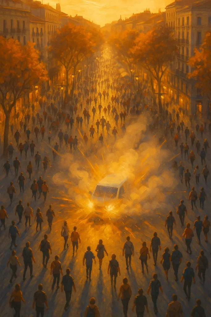 Ilustración aérea de Las Ramblas en Barcelona al atardecer, con multitudes caminando y una furgoneta blanca estilizada en el centro, rodeada de luces intensas y humo simbólico. Imagen inspirada en Redención de Fernando Gamboa, que refleja el contraste entre la vida cotidiana y la irrupción del caos.