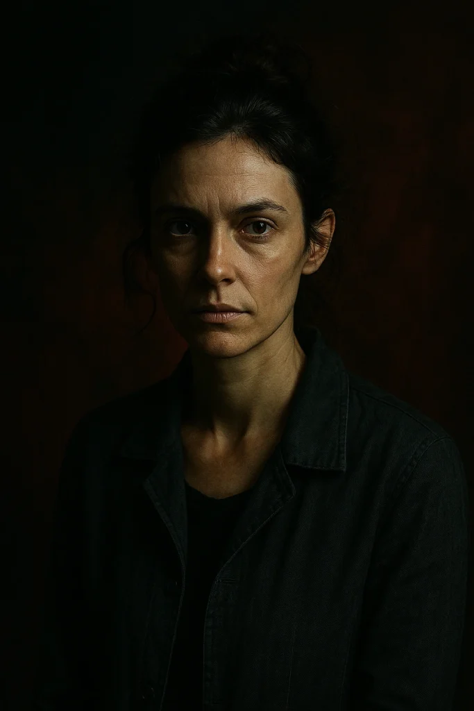 Retrato atmosférico de Antonia Scott en Reina Roja de Juan Gómez-Jurado, mujer de unos treinta y tantos años, cabello oscuro recogido en moño desordenado, mirada intensa y enigmática sobre un fondo oscuro con tonos rojos que evocan tensión psicológica.