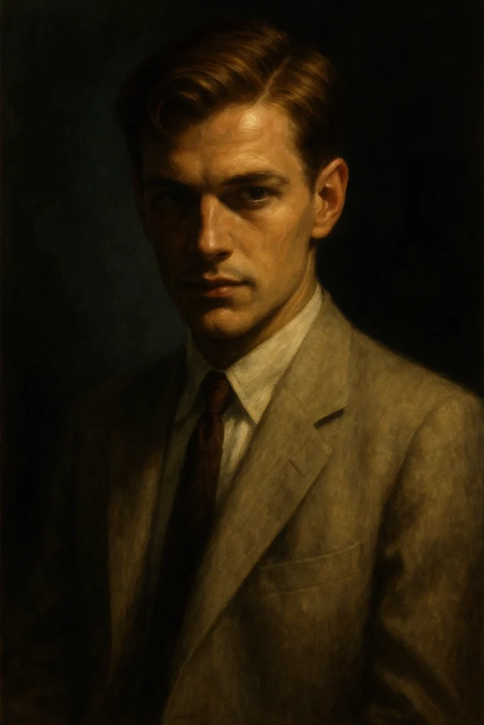 Retrato artístico inspirado en Tom Ripley de El talento de Mr. Ripley de Patricia Highsmith. Joven elegante de los años 50 con traje claro, rostro en sombras y mirada ambigua que refleja el encanto y la amenaza del icónico protagonista del thriller psicológico.