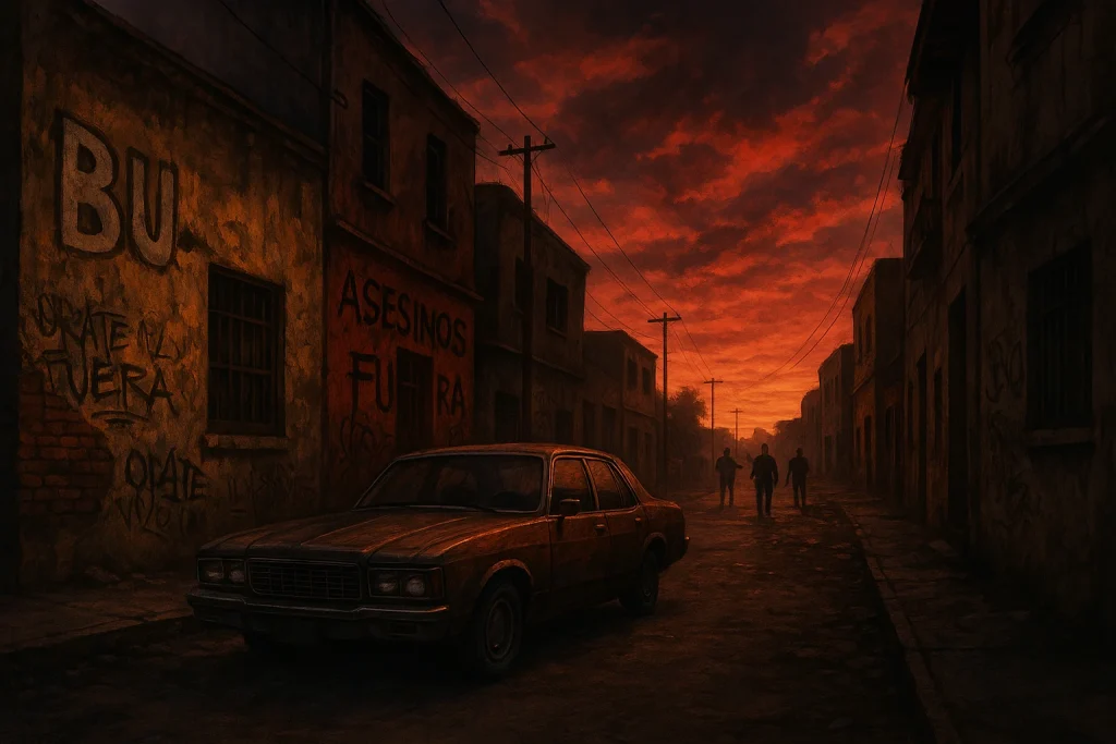 Escenario urbano en Sinaloa al atardecer, inspirado en El poder del perro de Don Winslow: calle deteriorada con grafitis, un auto clásico de los años 80 estacionado y siluetas de hombres armados al fondo bajo un cielo rojizo, reflejando tensión y violencia del narcotráfico.
