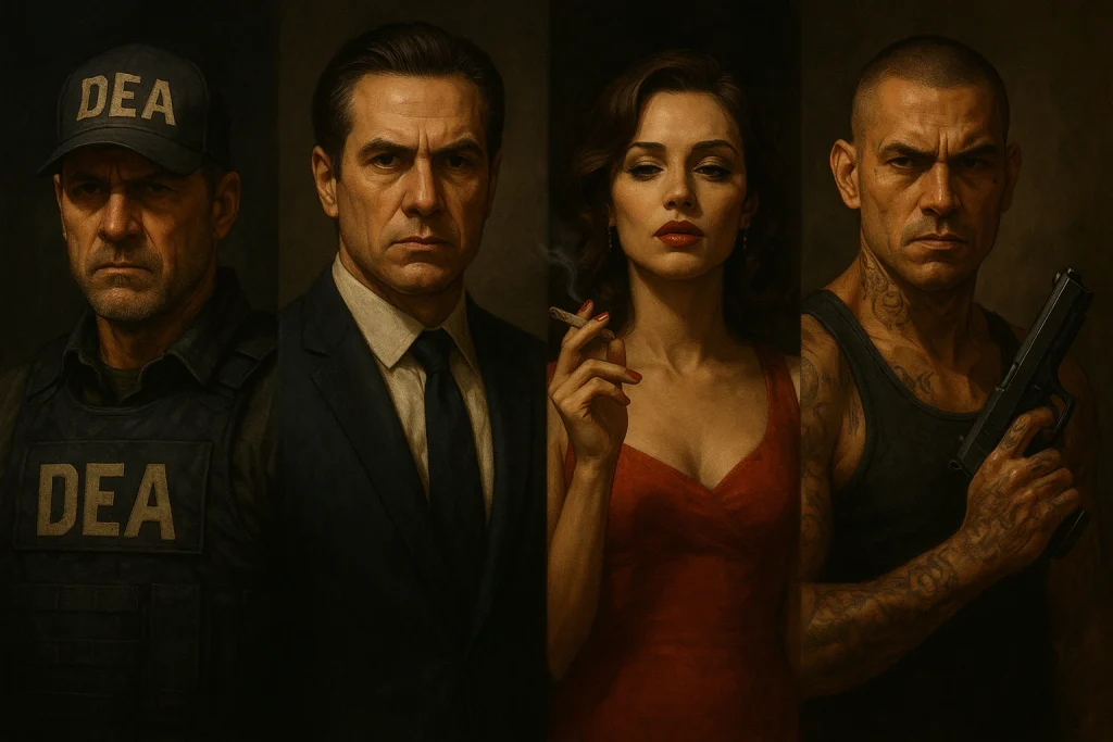 Retrato cinematográfico inspirado en El poder del perro de Don Winslow: un agente de la DEA con gesto duro, un narcotraficante elegante con traje, una mujer de vestido rojo fumando y un sicario tatuado con arma en mano, cada uno envuelto en sombras que reflejan su propio mundo criminal