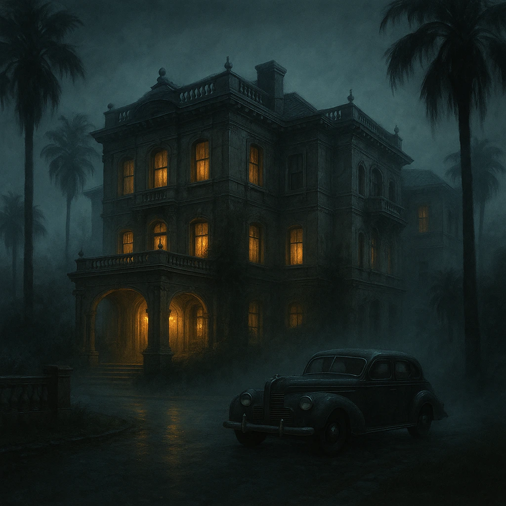 Mansión Sternwood en El sueño eterno de Raymond Chandler: una imponente casa decadente en Los Ángeles, rodeada de palmeras y envuelta en niebla nocturna, con ventanas iluminadas que sugieren secretos ocultos y un coche antiguo estacionado frente a la entrada, creando una atmósfera sombría y misteriosa.
