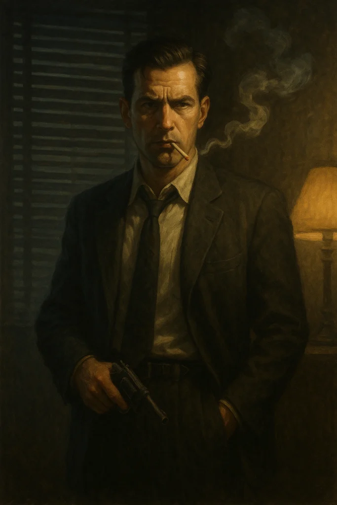 Retrato de Philip Marlowe en El sueño eterno de Raymond Chandler: detective de rostro anguloso y expresión dura, con traje oscuro, corbata floja y una pistola en la mano, en su oficina con persianas venecianas y humo de cigarro iluminado por una lámpara, estilo cine negro de los años 40.