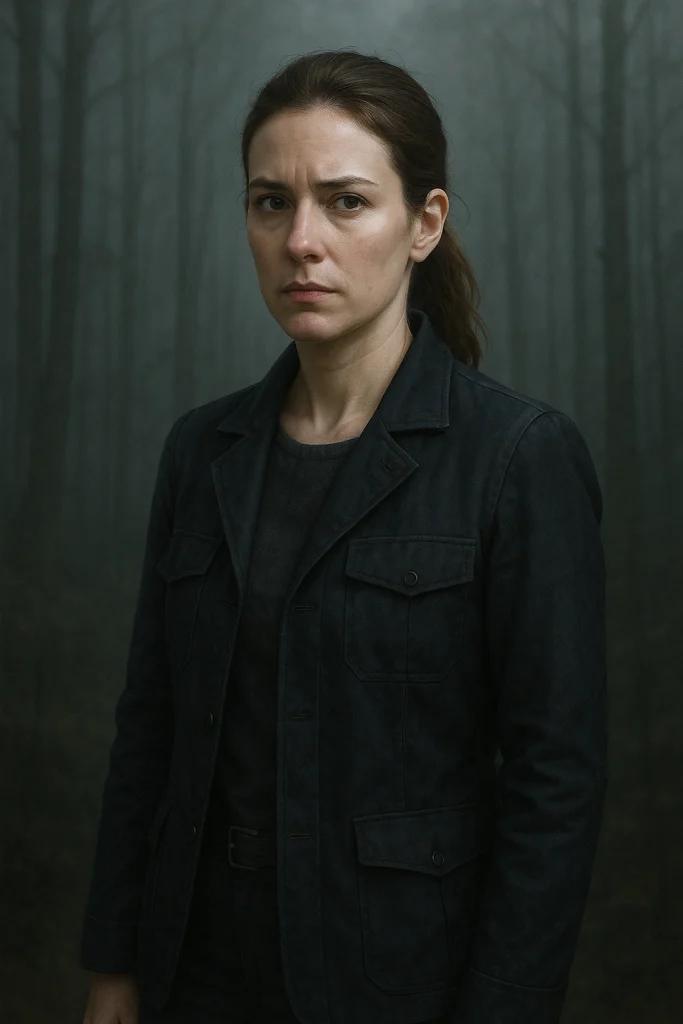Retrato artístico de Amaia Salazar, protagonista de la novela negra El guardián invisible de Dolores Redondo. Mujer de unos 35 años con cabello castaño recogido en coleta, vestida con chaqueta oscura de estilo policial, de pie en un bosque brumoso del valle del Baztán. Su expresión seria transmite determinación, misterio y vulnerabilidad, reflejando la esencia del thriller policial ambientado en Navarra.