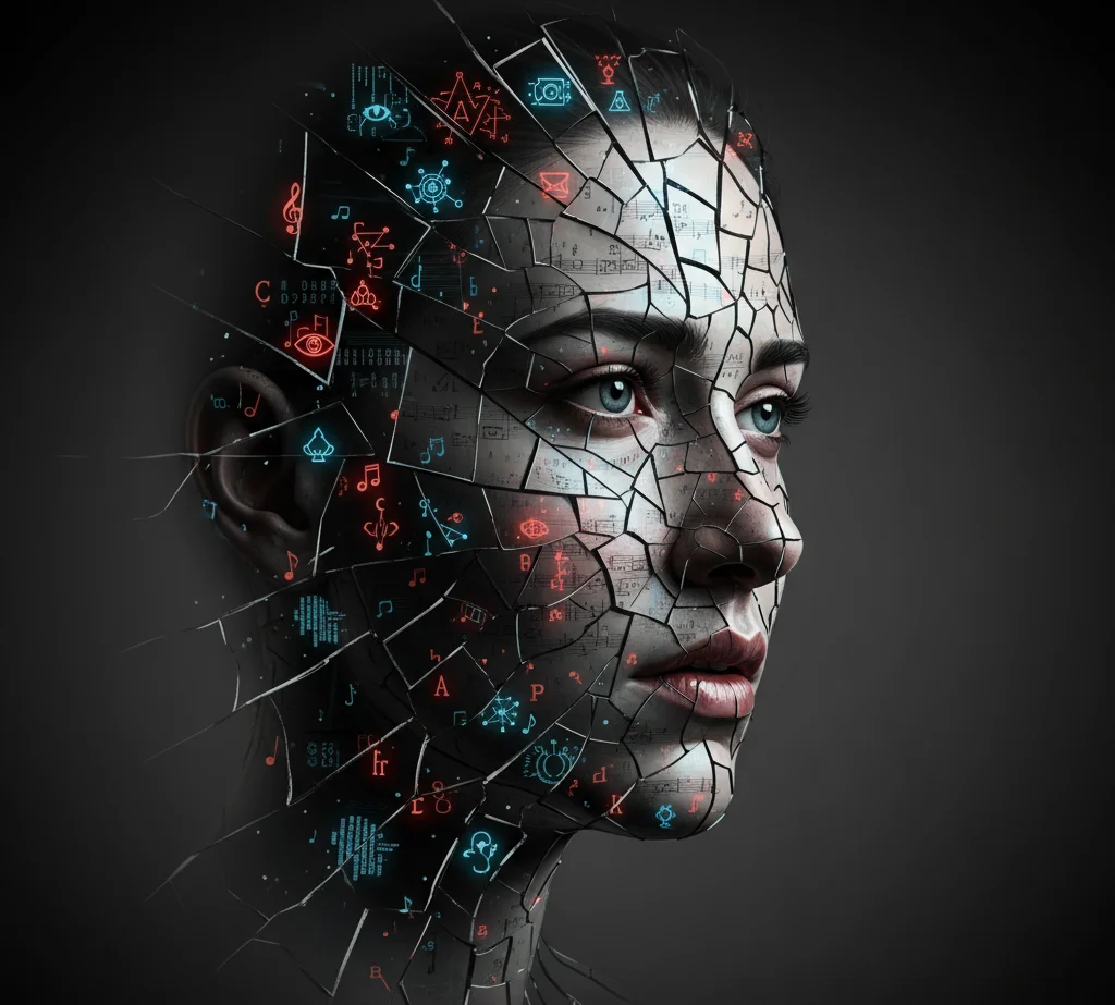 Retrato artístico de un rostro humano en semiperfil fragmentado como un espejo roto, con grietas que revelan símbolos ocultos como notas musicales, letras y código binario. Imagen oscura y expresiva que refleja la fragmentación del yo, la manipulación mental y la carga psicológica en Los Escorpiones de Sara Barquinero.