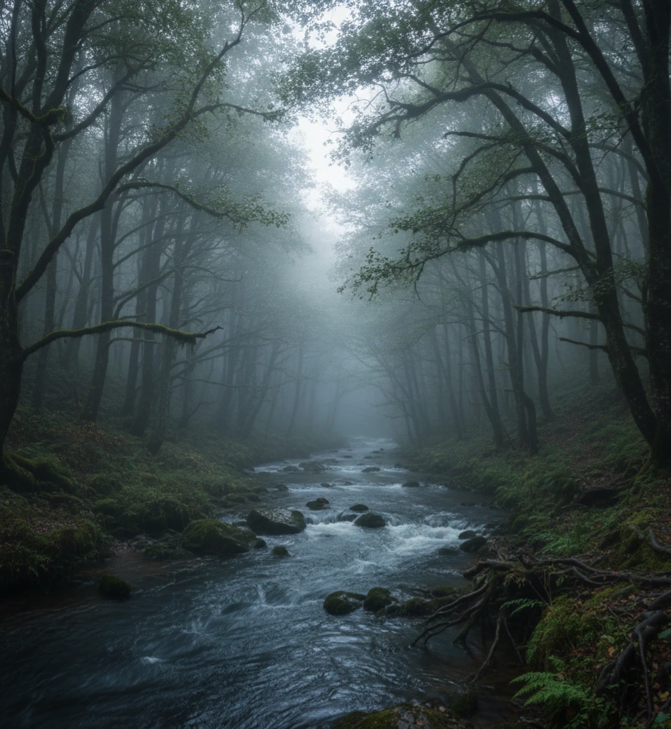 Bosque húmedo y brumoso del valle del Baztán en Navarra, escenario clave de la novela negra El guardián invisible de Dolores Redondo. La niebla cubre los árboles altos mientras un río atraviesa el paisaje, creando una atmósfera de misterio y suspense perfecta para el thriller policial.