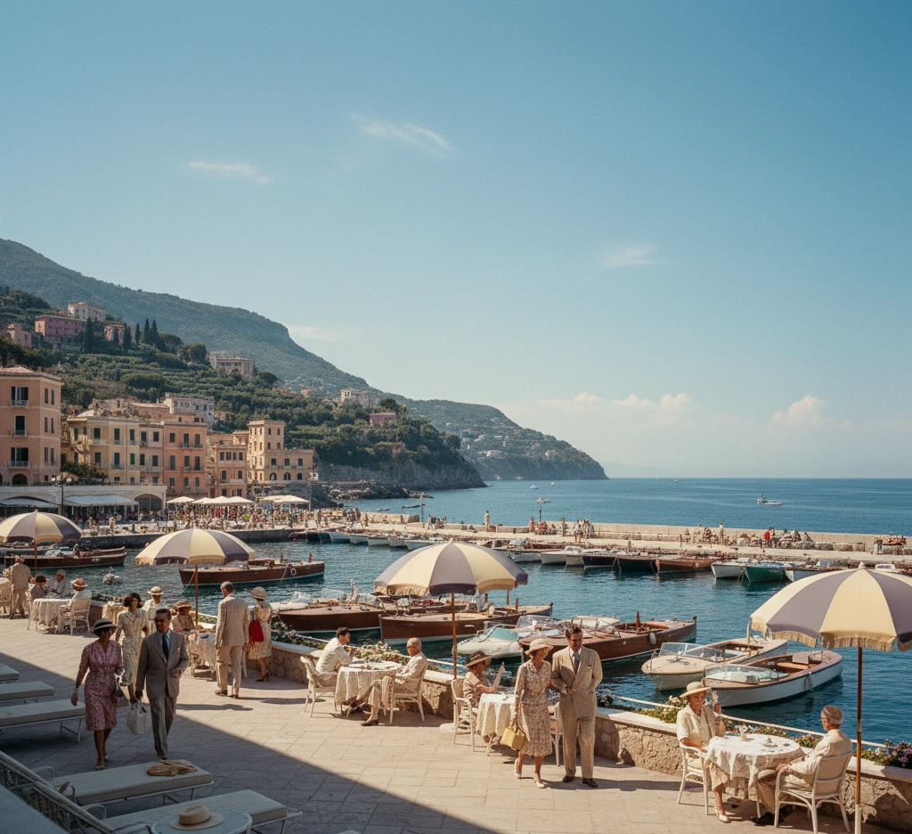 Escena de la costa italiana en los años 50 inspirada en El talento de Mr. Ripley de Patricia Highsmith. Un puerto soleado con yates y terrazas bajo sombrillas refleja lujo, elegancia y sofisticación, ambientación clave del thriller psicológico clásico.