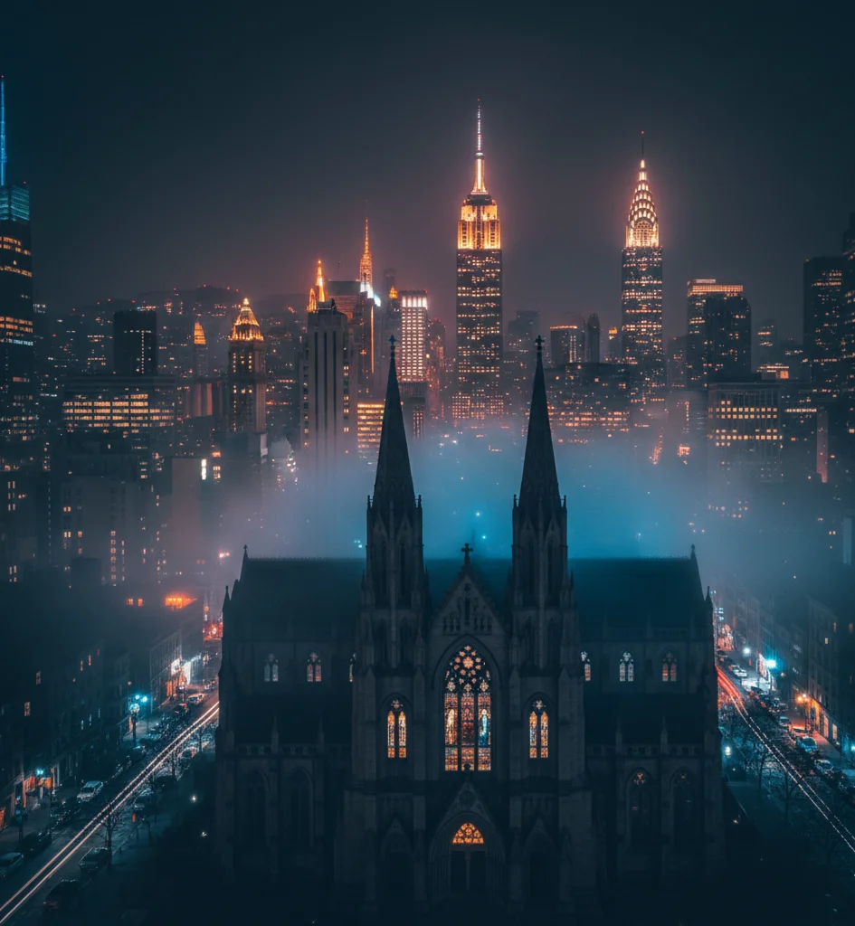 Vista panorámica nocturna de Nueva York con rascacielos iluminados y una iglesia gótica en primer plano, envuelta en una atmósfera de niebla azulada que transmite misterio y suspense del libro El juego del alma de Javier Castillo.