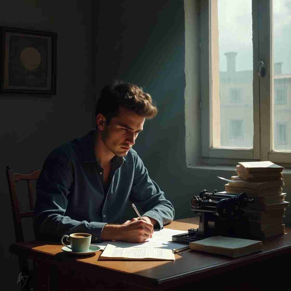 Marcus Goldman escribiendo a máquina frente a la ventana en La verdad sobre el caso Harry Quebert, evocando la meta‑literatura.