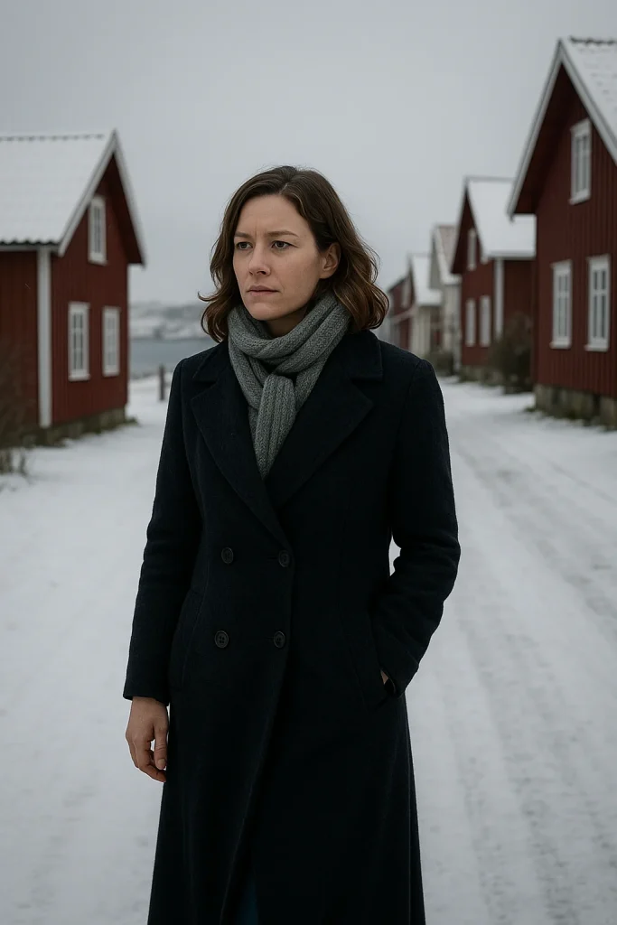 Erica Falck, protagonista de La princesa de hielo de Camilla Läckberg, camina por el pueblo sueco de Fjällbacka cubierto de nieve, rodeada de casas rojas tradicionales bajo un cielo gris invernal.