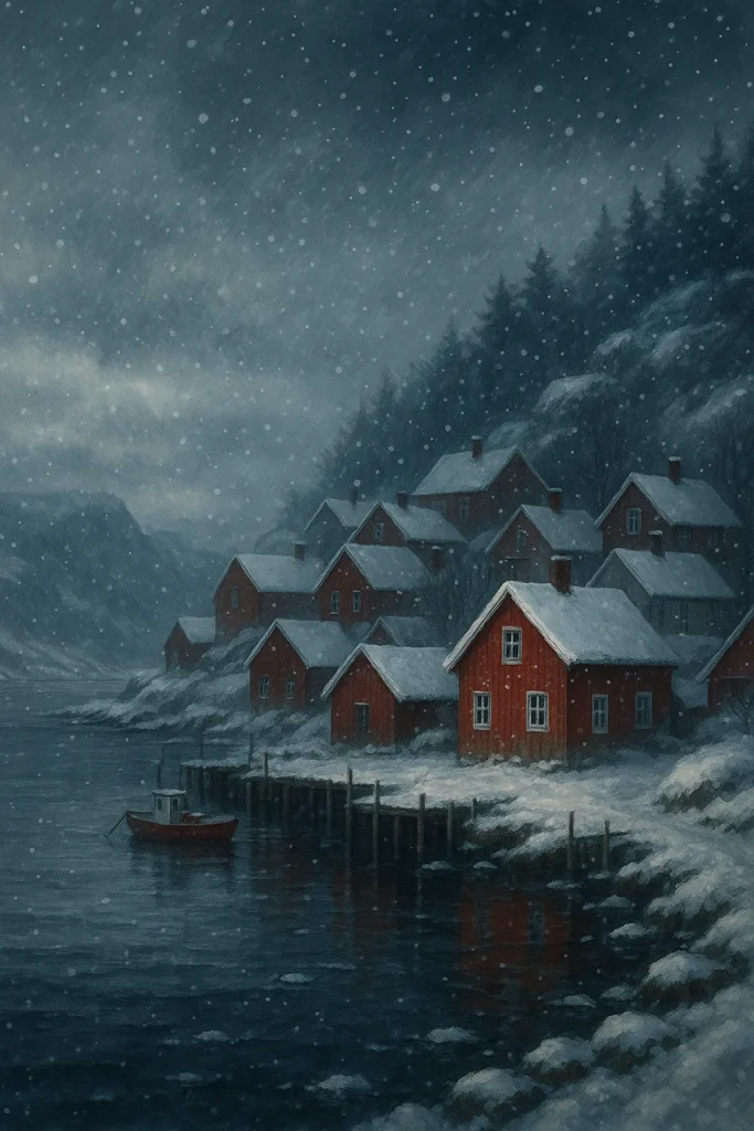 Paisaje invernal de Fjällbacka, el pueblo pesquero sueco donde transcurre La princesa de hielo de Camilla Läckberg, con casas rojas cubiertas de nieve junto al mar y una atmósfera fría y sombría ideal para un thriller nórdico.