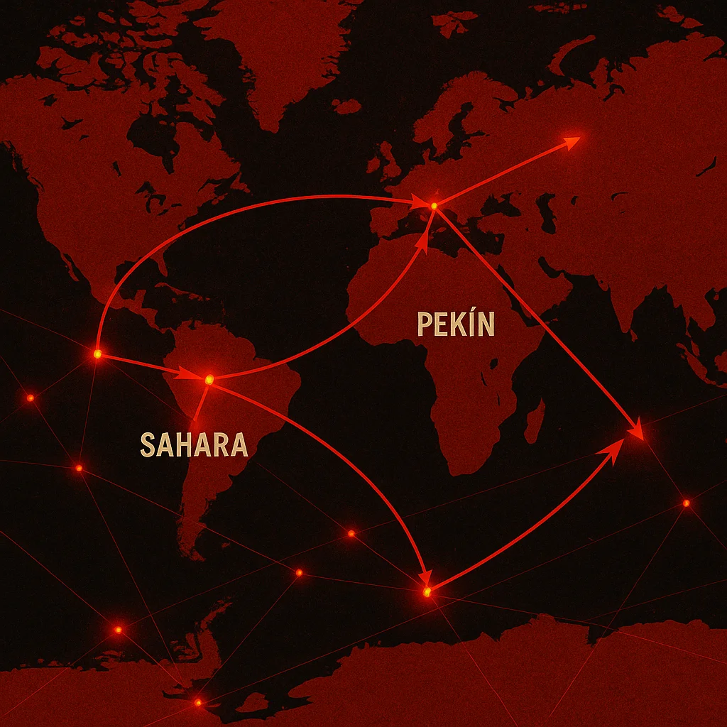 Mapa geopolítico con focos de
tensión destacados en rojo en la
novela Nunca de Ken Follet, aludiendo al conflicto global.