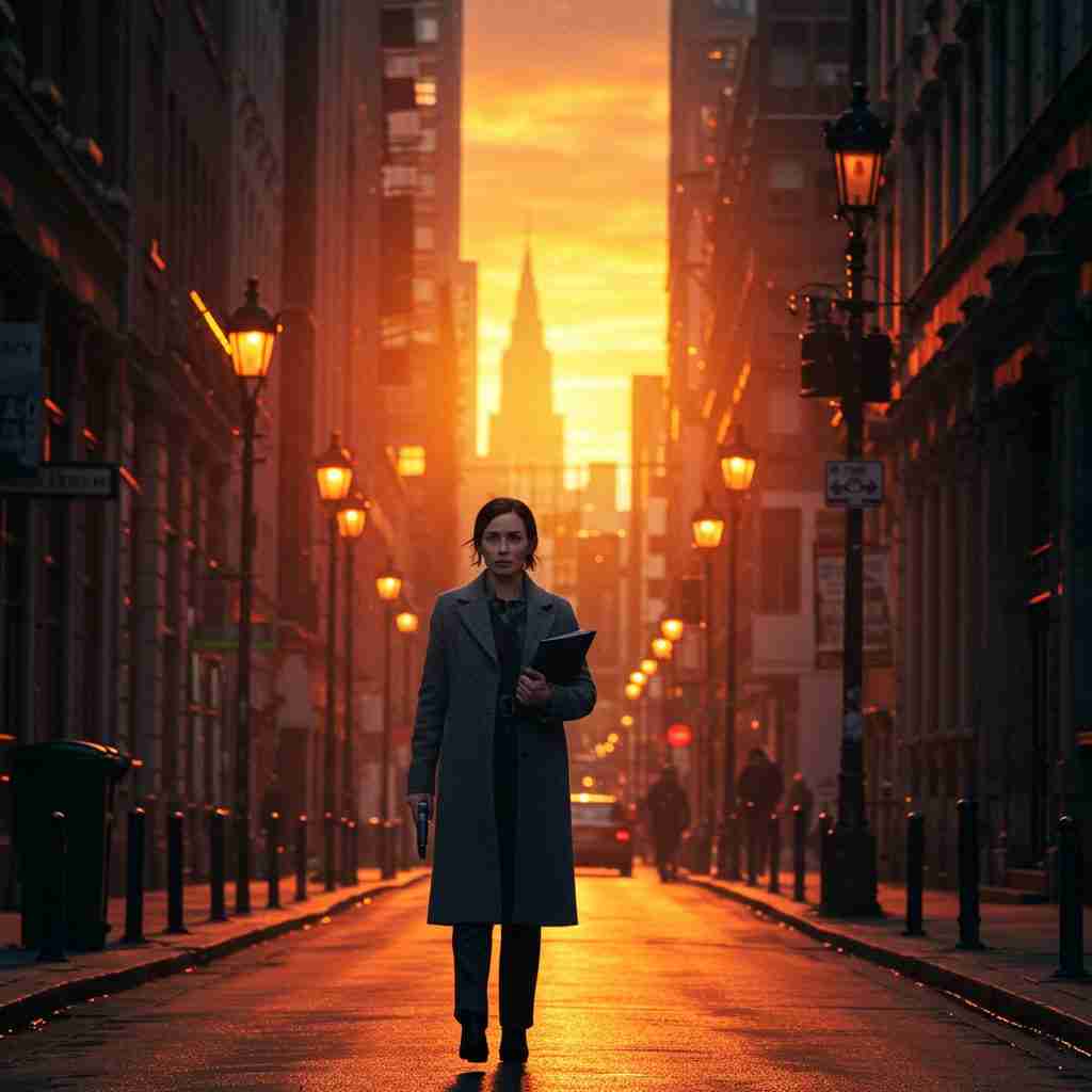 Detective solitaria recorriendo la ciudad al amanecer en La Espera, subrayando la intriga y la resiliencia.