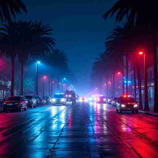 Escena urbana de La Espera con
neones, palmeras y coches de policía en Los Ángeles, reflejo del crimen en la ciudad.
