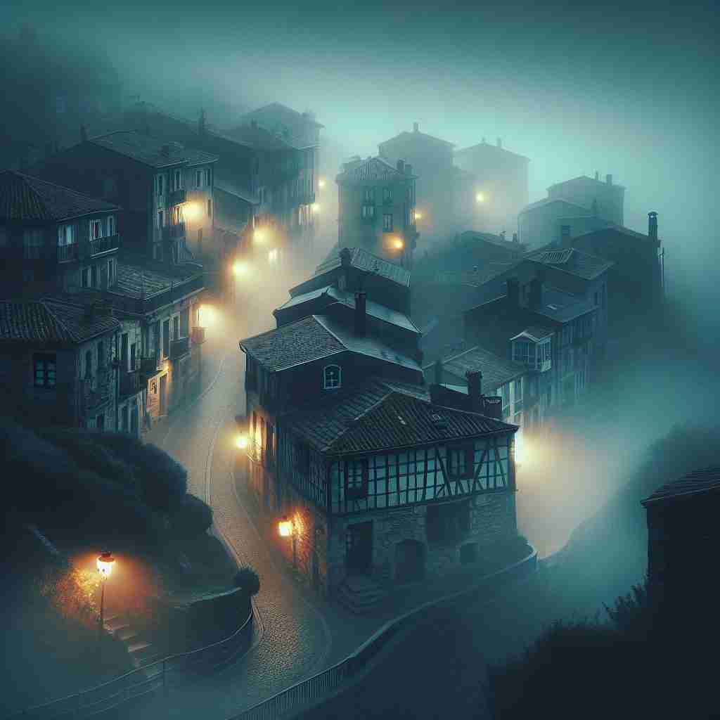 Pueblo vasco entre la niebla con luces
tenues en El mentiroso, creando un
ambiente inquietante.