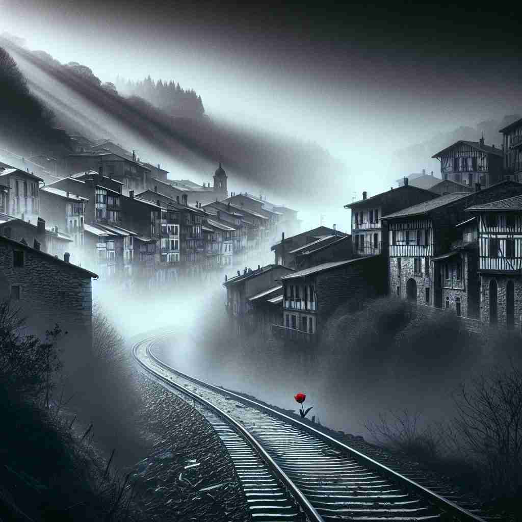 Vía de tren cubierta de niebla con un tulipán rojo abandonado en La danza de los tulipanes, símbolo del asesino.