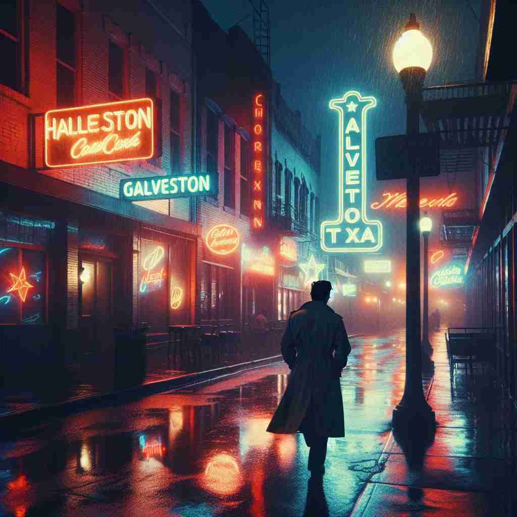 Calle nocturna de Galveston
con luces de neón y un hombre con gabardina bajo la lluvia en Galveston, mostrando el tono oscuro de la novela.
