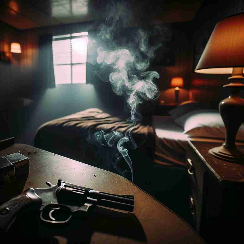 Habitación de motel en Galveston
con pistola en la mesa y humo,
reflejando el ambiente noir del
relato.
