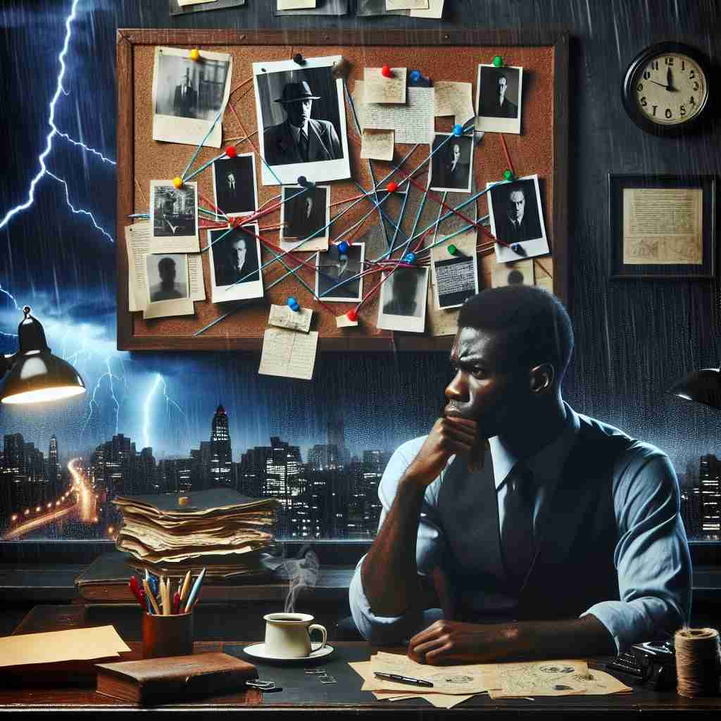El detective Dave Gurney analizando un panel de evidencias bajo una tormenta eléctrica en
Sé lo que estás pensando, capturando el suspense del caso.