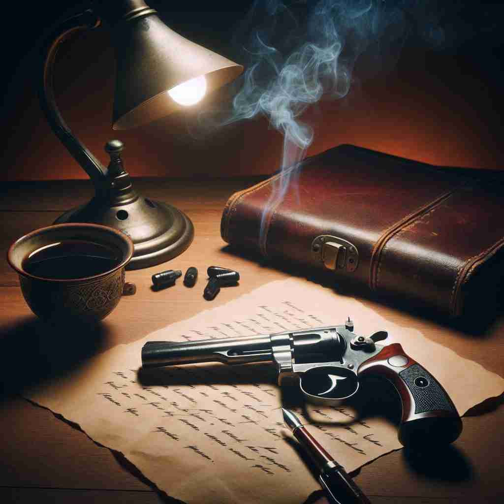 Mesa de investigación en
Sé lo que estás pensando con pistola,
taza de café y documentos que
muestran la tensión policial.