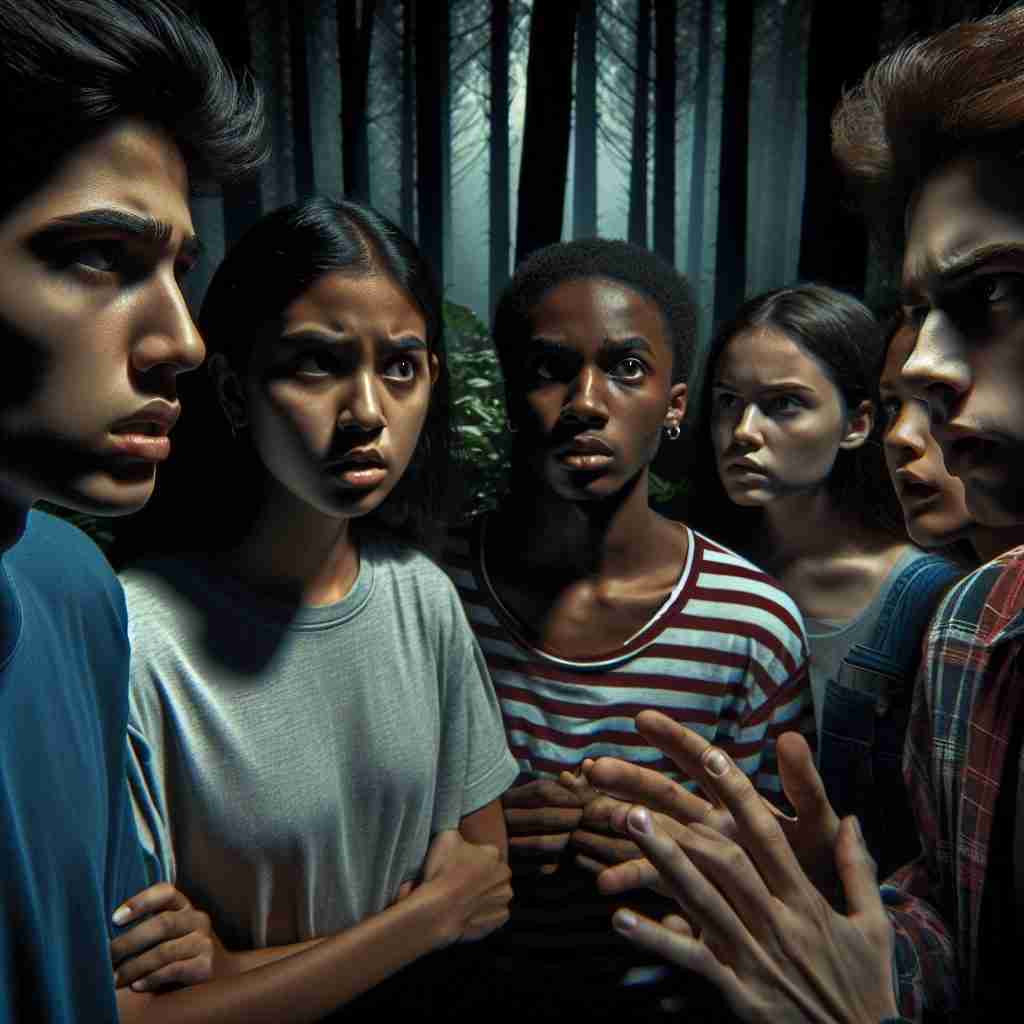 Grupo de amigos en el bosque de
El hombre de tiza rodeados de
árboles y oscuridad, preludio del
misterio.