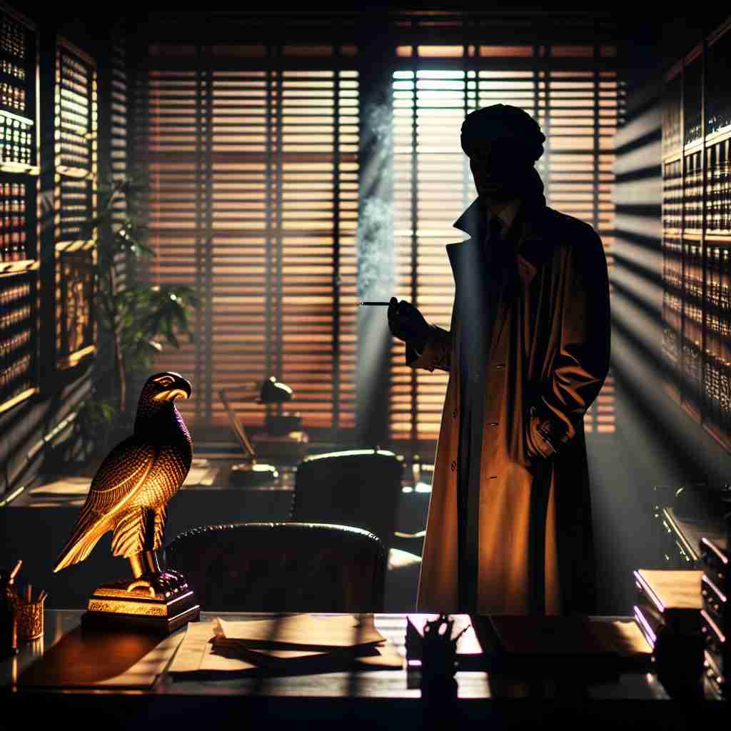 Detective de perfil junto a una estatua de halcón en su despacho que representa el objeto codiciado de la novela.