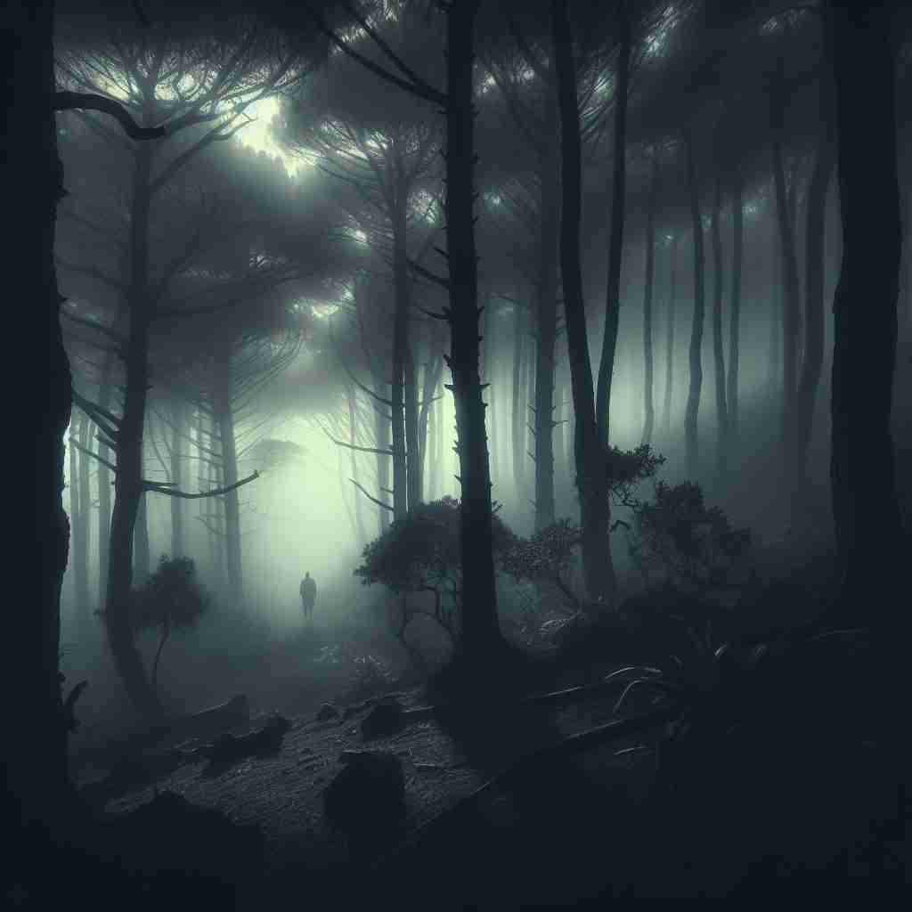 Bosque brumoso en La Gomera
con una figura solitaria que
refleja el ambiente misterioso
del relato.