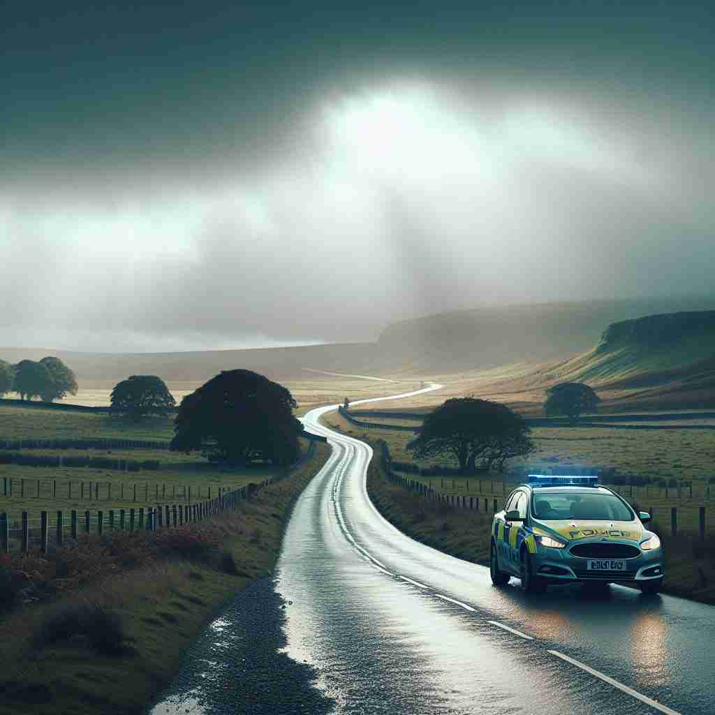 Coche de policía recorriendo
una carretera mojada en los
páramos bajo nubes de
tormenta, evocando la tensión
de la novela.