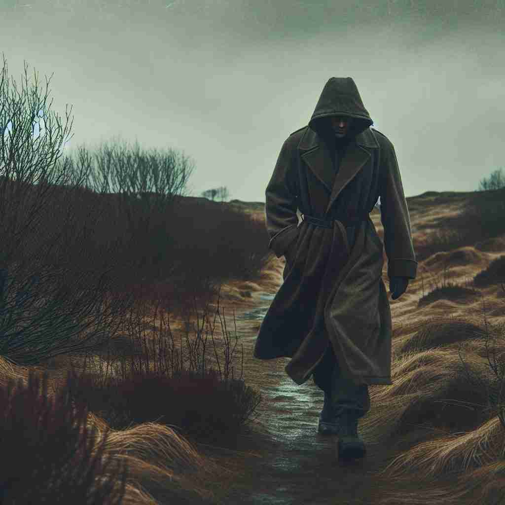 Figura con capucha avanzando por un sendero azotado por el viento en la campiña sueca de «Antes de que hiele».