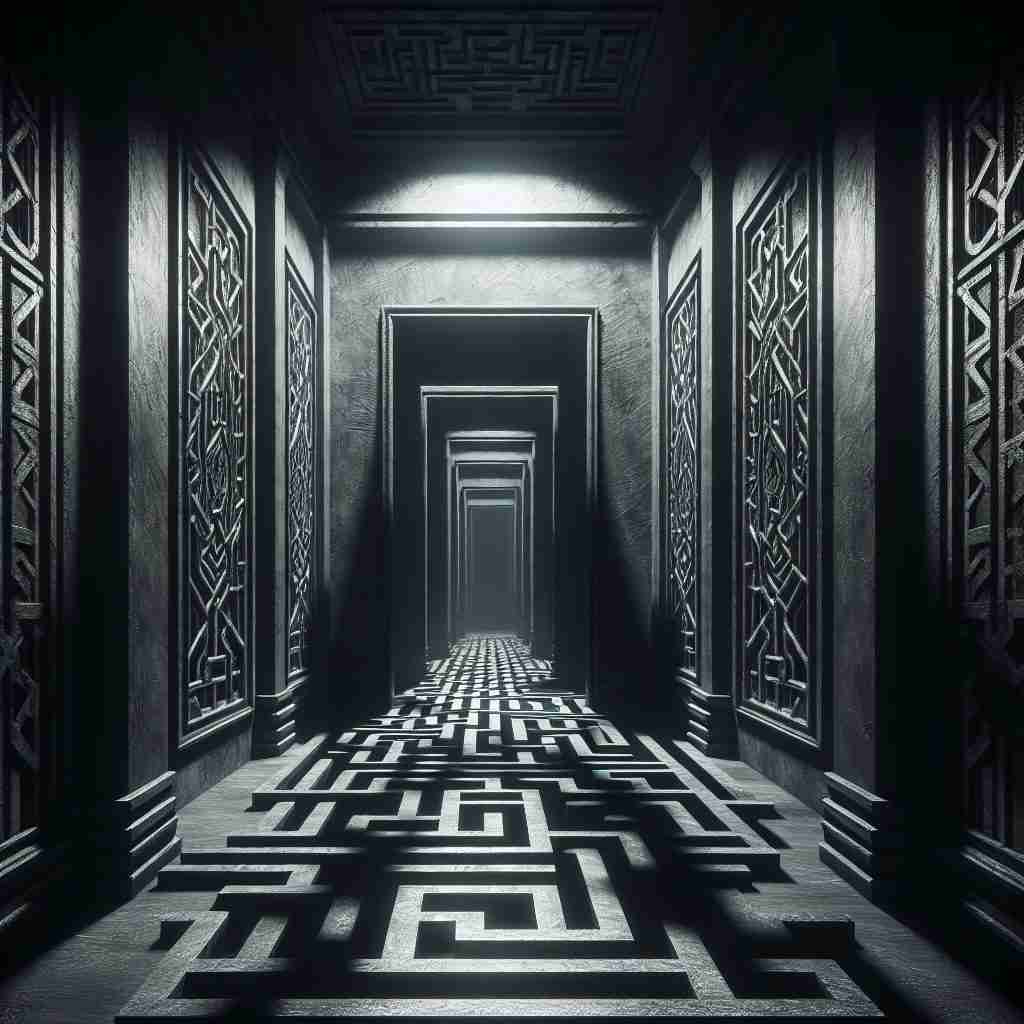 Pasillo en forma de laberinto dentro de un sanatorio que simboliza el thriller psicológico de «La última salida».