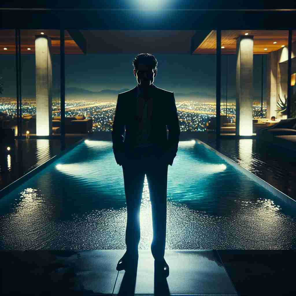 Hombre junto a una piscina
iluminada frente a la ciudad
que sugiere lujo y misterio en la
obra.