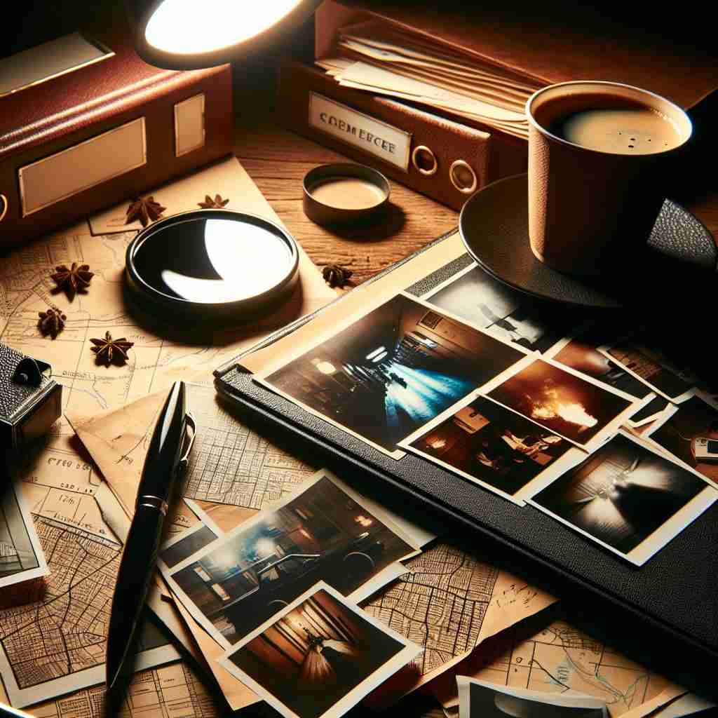 Mesa de investigación con fotos, mapas y lupa que retrata el caso policial de «Morir no es lo que más
duele».