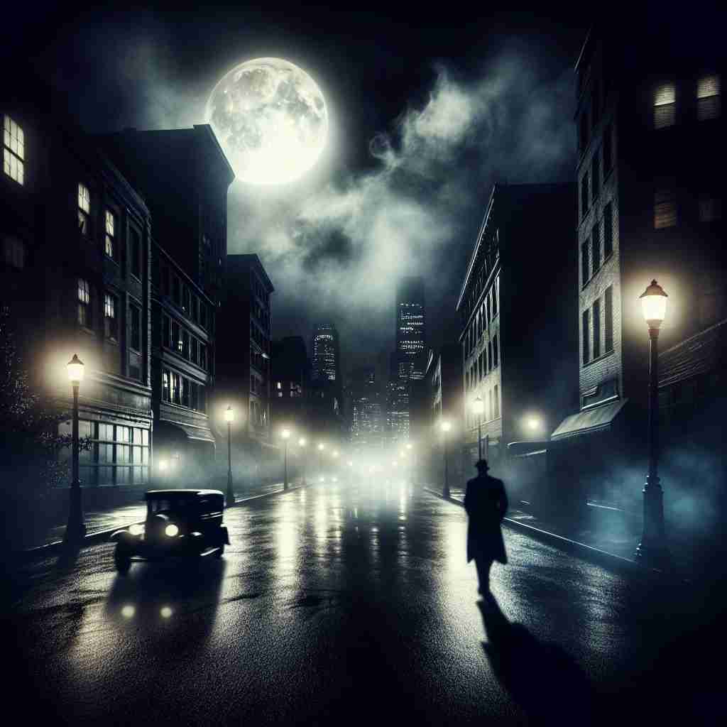 Calle nocturna con faroles y hombre
con gabardina que refleja la atmósfera noir de la novela.