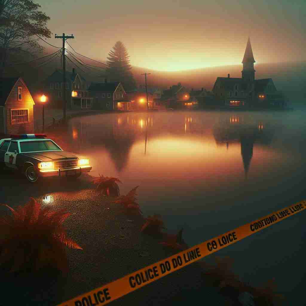 Escena junto a un
lago con coche policial y cinta
de precinto que representa el
crimen del libro.