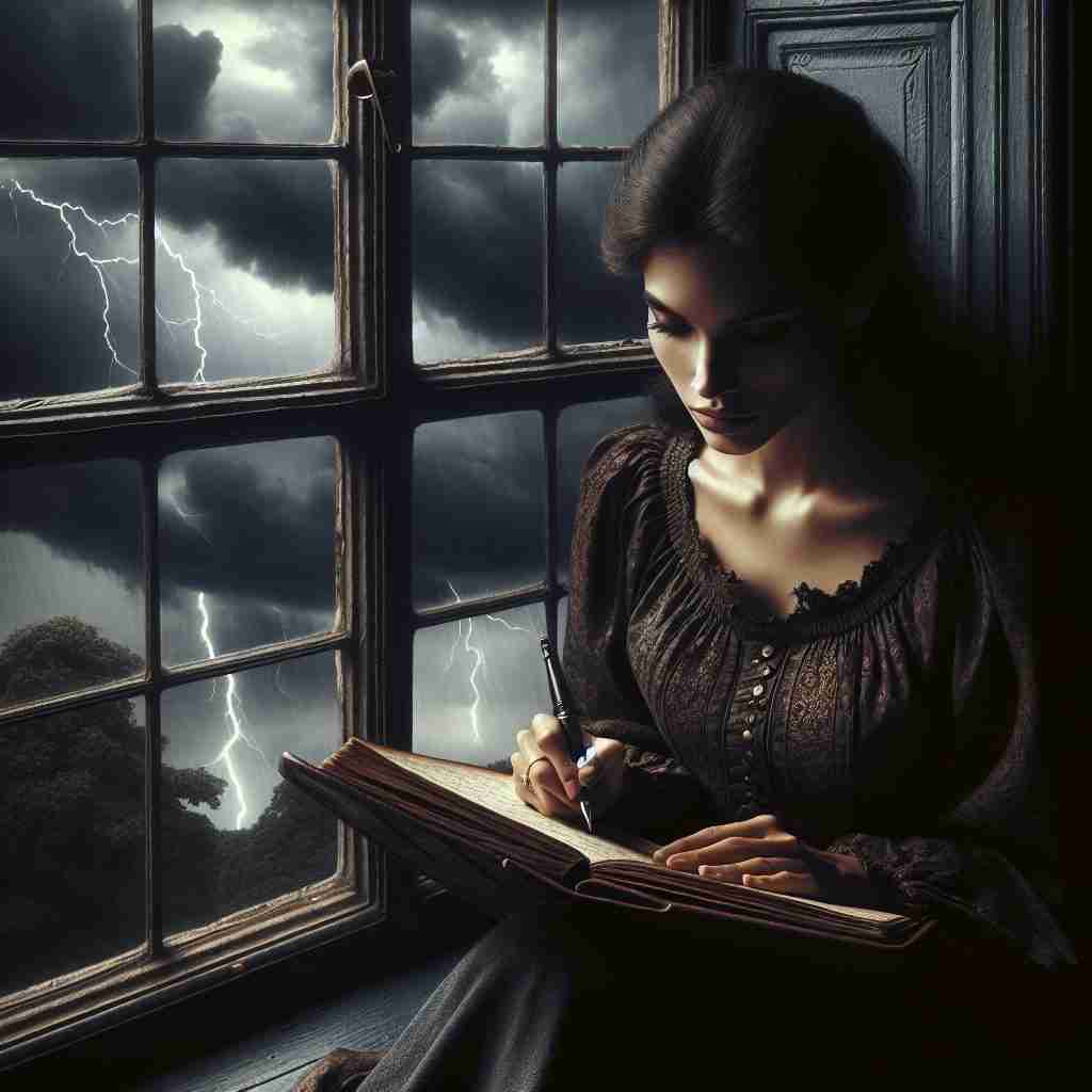 Joven escribiendo en
su diario cerca de una ventana
durante una tormenta que
simboliza la introspección en «El
susurro del ángel»