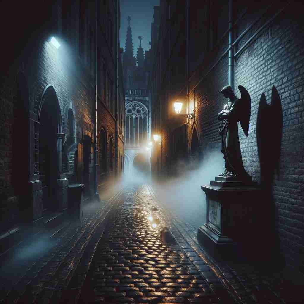 Callejón empedrado con estatua
de ángel entre la niebla que
sugiere el toque sobrenatural de
la obra.
