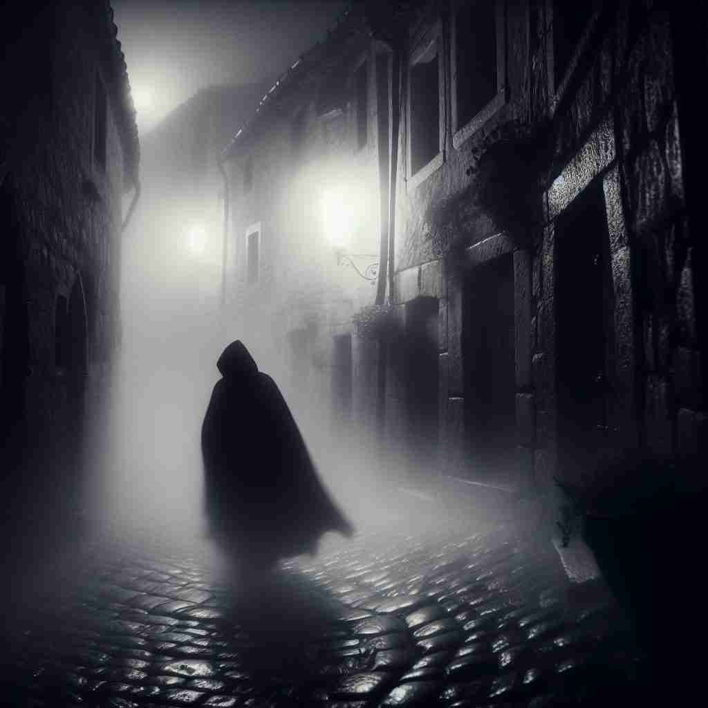 Silueta encapuchada caminando por un callejón neblinoso de 1834 que refleja la oscuridad de «La bestia».