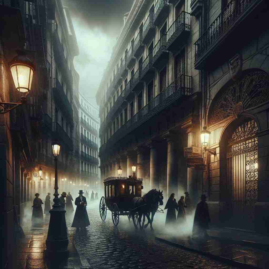 Carruaje de caballos
en una calle con farolas de gas
que ilustra el ambiente histórico
del libro.