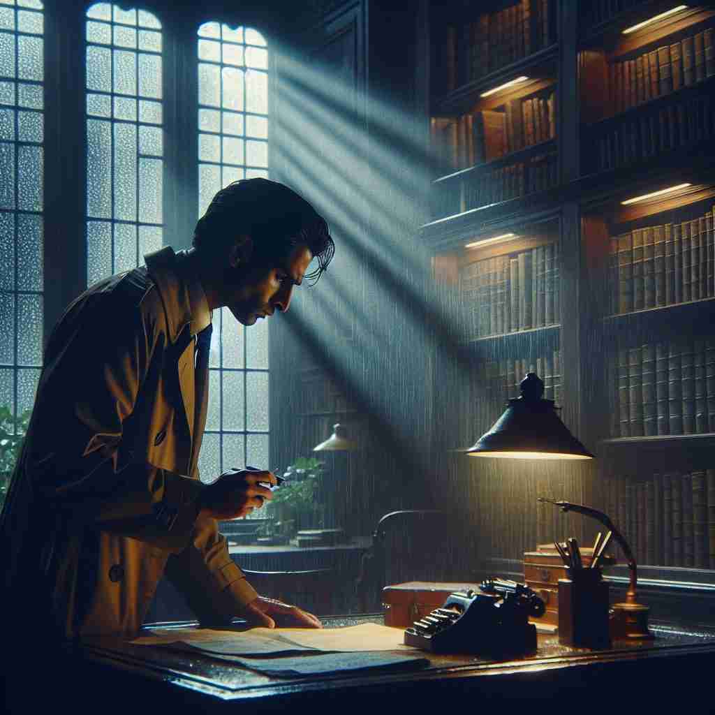 Hombre leyendo
papeles en una biblioteca
soleada que refleja la
investigación en «Todo esto te
daré».