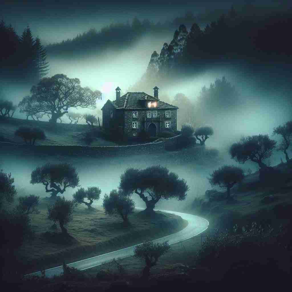 Carretera que conduce a una mansión
neblinosa en Galicia, escenario del misterio.