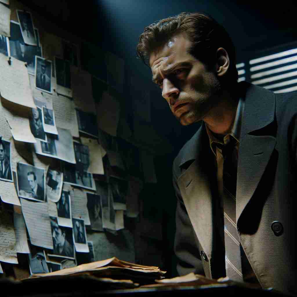 Investigador Teddy Daniels de
Shutter Island revisando el tablero de
pistas en su oficina, inicio de la
intriga.