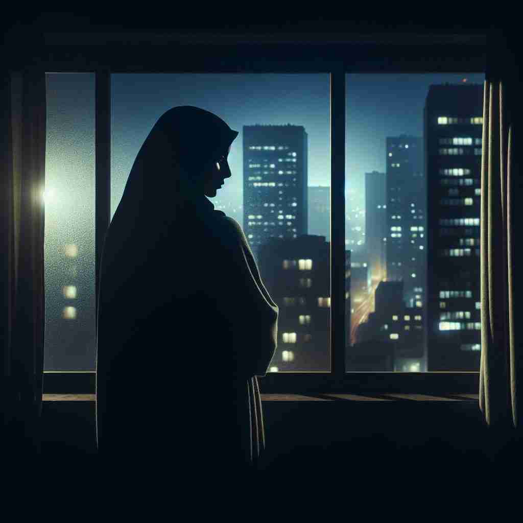 Mujer con manta
observando la ciudad desde su
ventana, reflejo de la
protagonista de «La mujer en la
ventana».