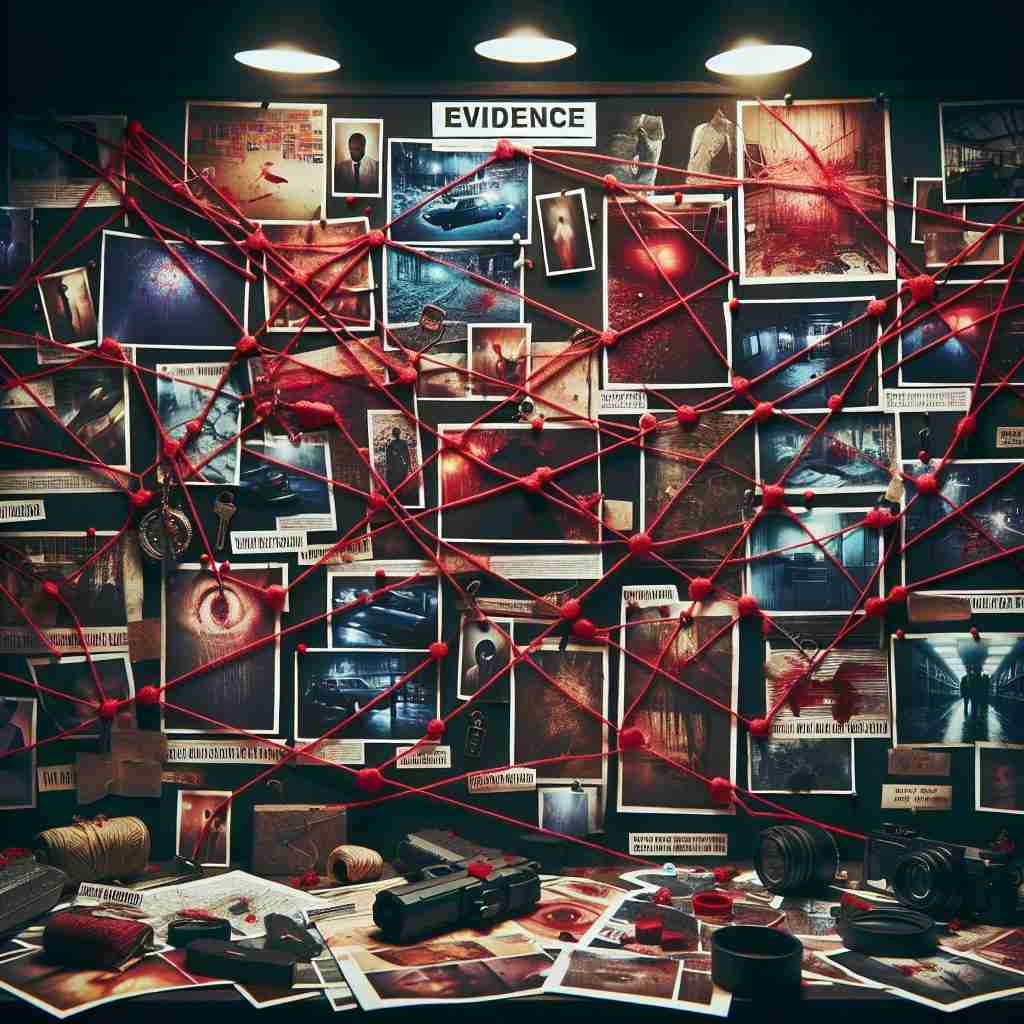 Tablero con fotos y
hilos rojos que recrea la caza
del asesino en «El cuarto
mono».